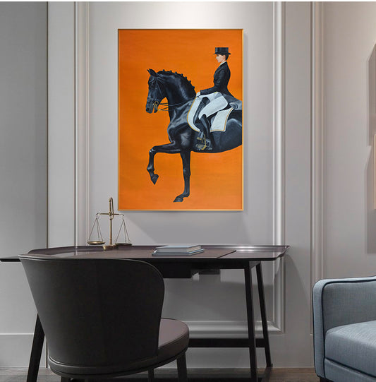 Tableau Cheval <br> Noir Cavalière Fond Orange