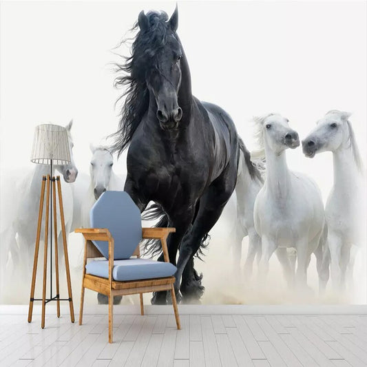 Papier peint motif de chevaux blancs et noir