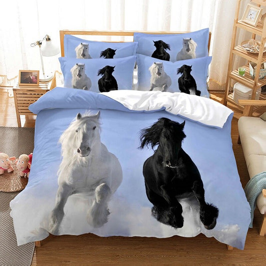 Housse de couette chevaux noir et blanc dans la neige