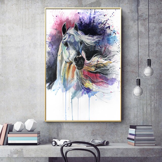 Tableau Cheval Coloré Aquarelle