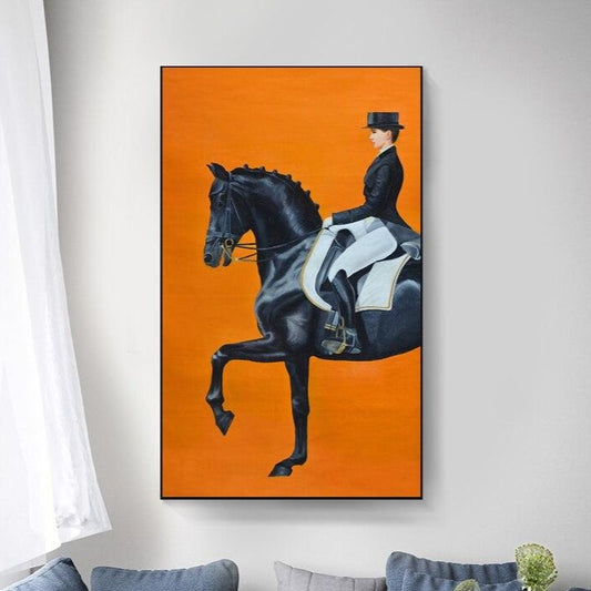 Tableau Cheval <br> Noir Cavalière Fond Orange