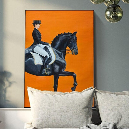 Tableau Cheval <br> Noir Cavalière Fond Orange