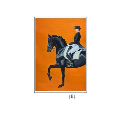 Tableau Cheval <br> Noir Cavalière Fond Orange