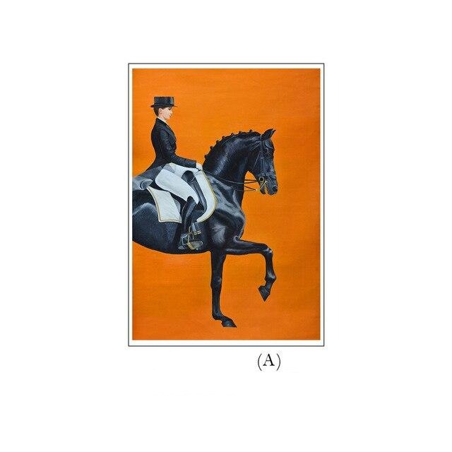 Tableau Cheval <br> Noir Cavalière Fond Orange