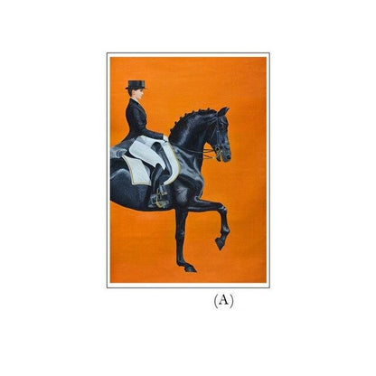 Tableau Cheval <br> Noir Cavalière Fond Orange